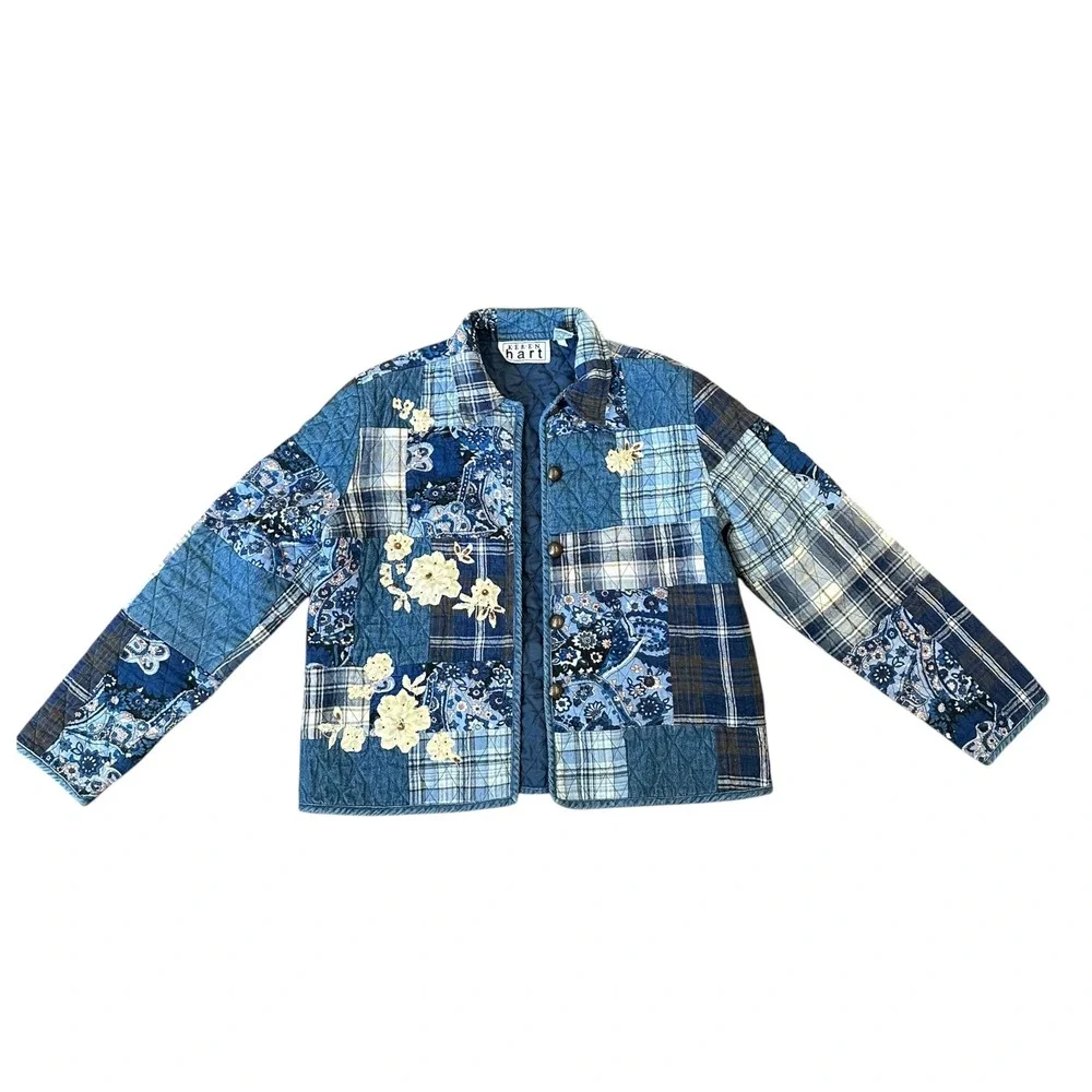 Keren‎ Hart Blue Quilted Patchwork Floral Embroidered Jacket Womens Medium Denim